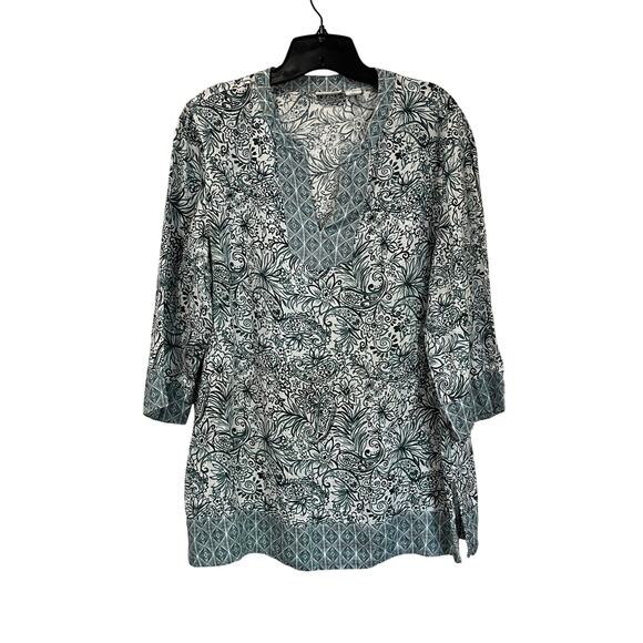 Sigrid Olsen Linen Blouse Size L Teal White Floral Boho Resort Vacation Chic - Picture 1 of 7